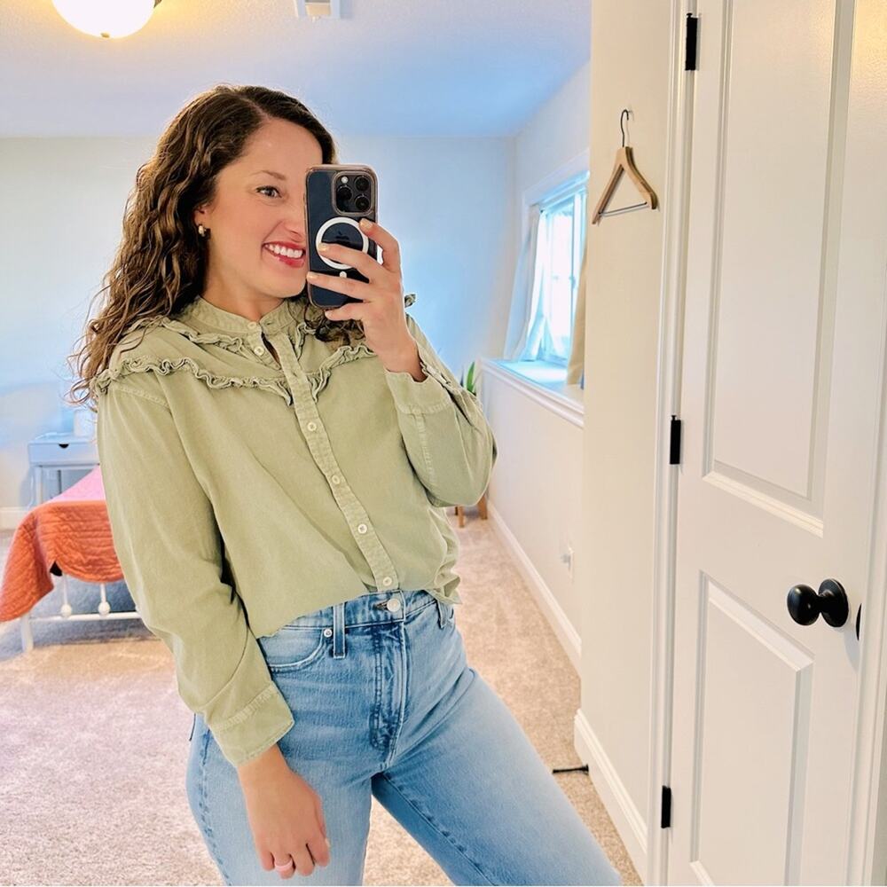 THE GREAT. Green Button Front Cotton Long Sleeve Top Blouse 1 Small